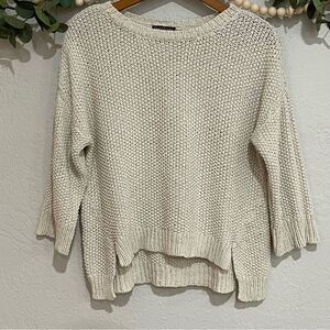 EILEEN FISHER Cotton Linen Blend 3/4 Length Sleeve Open Knit Sweater Pullover